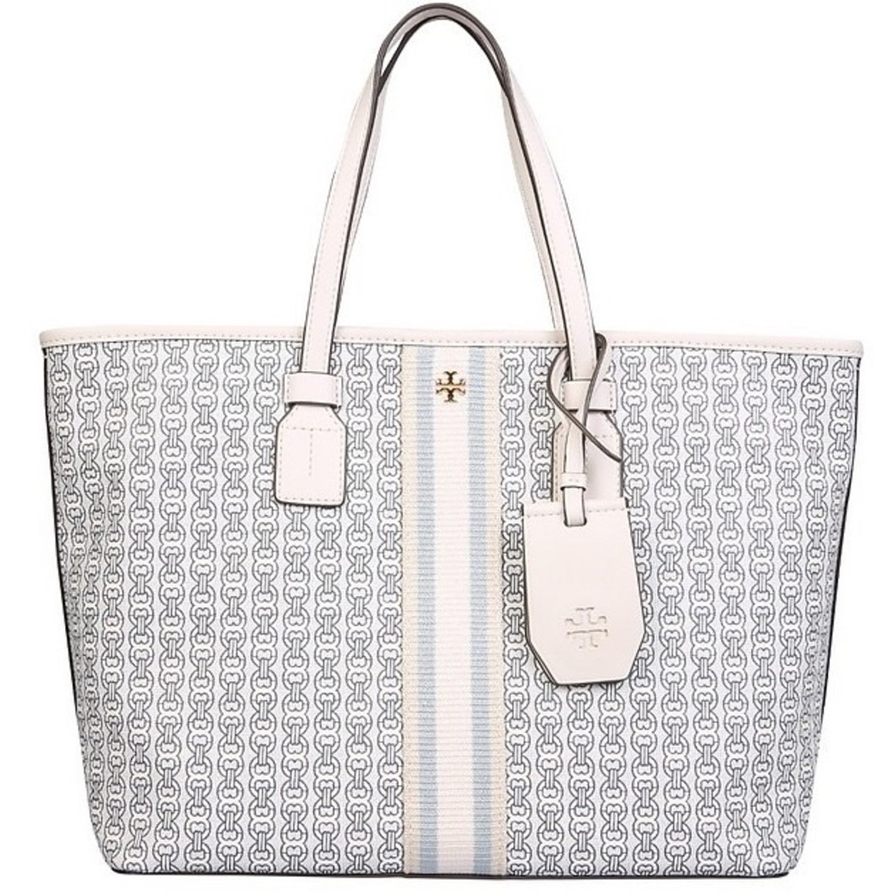 Tory Burch Gemini Link Tote Coated Canvas Double Strap Tote Designer Cream Blue - Picture 11 of 13